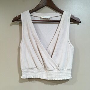 Ocean Drive Terry Cloth Surplice V-Neck Crop Top Women L Cream Beachy Retro Boho